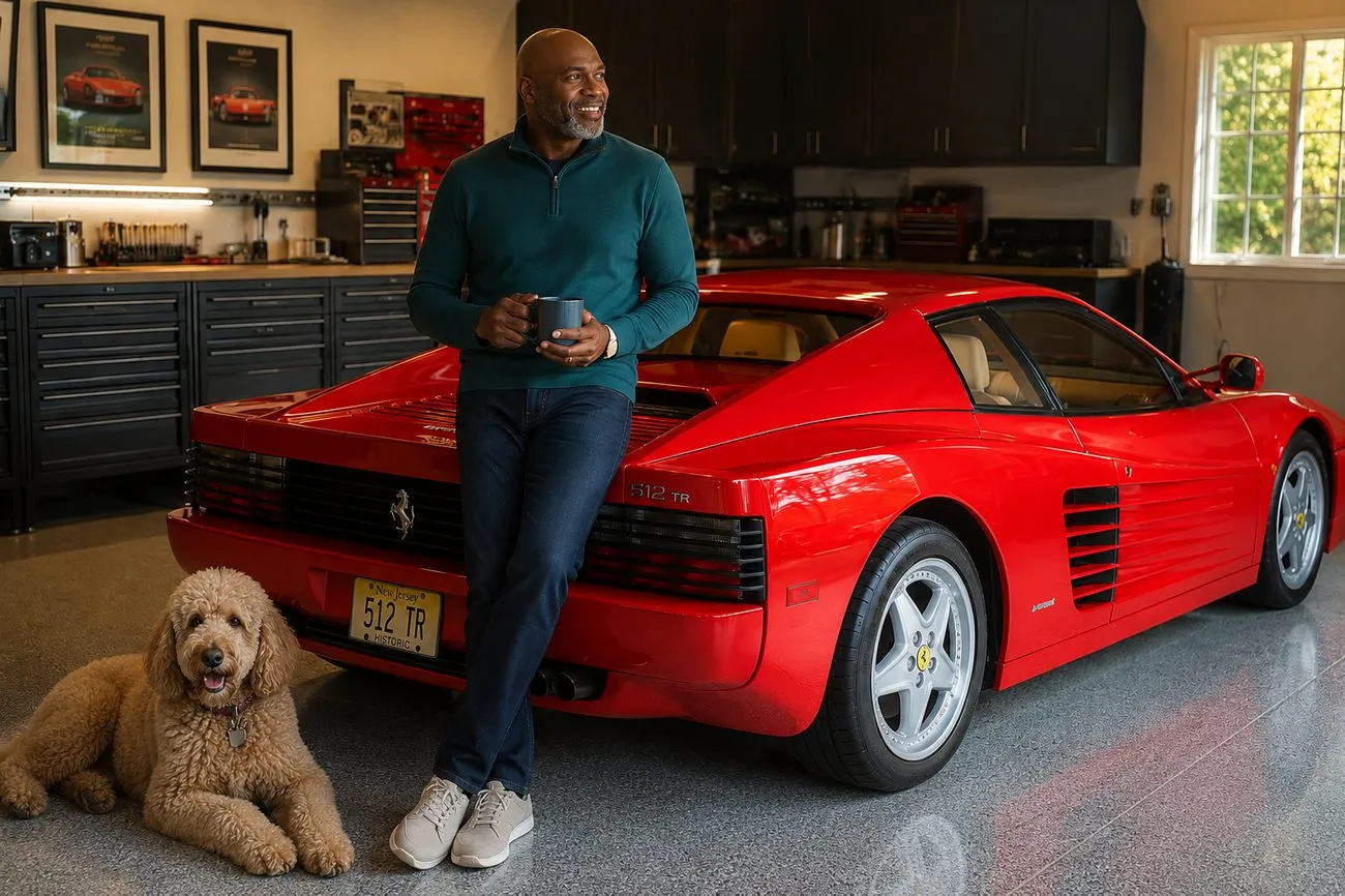 A confident, relaxed man leaning against a classic sports car, anxiety well managed A confident, relaxed man leaning against a classic sports car, anxiety well managed
