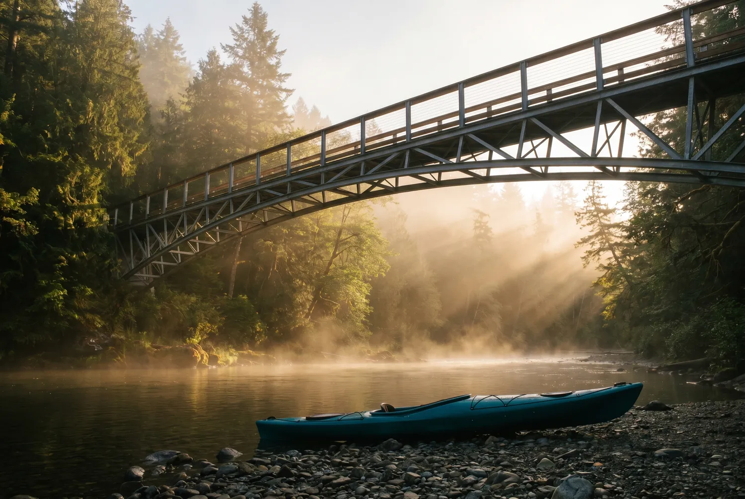 Footbridge crossing a misty forested river valley at dawn, symbolizing connection to care from anywhere