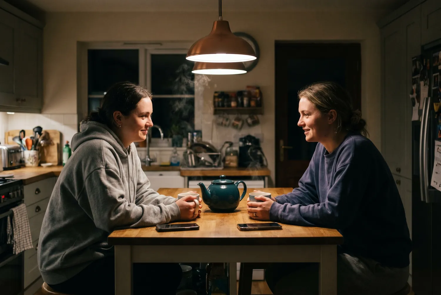 Two friends sharing herbal tea in a dim calm kitchen, phones face down Two friends sharing herbal tea in a dim calm kitchen, phones face down