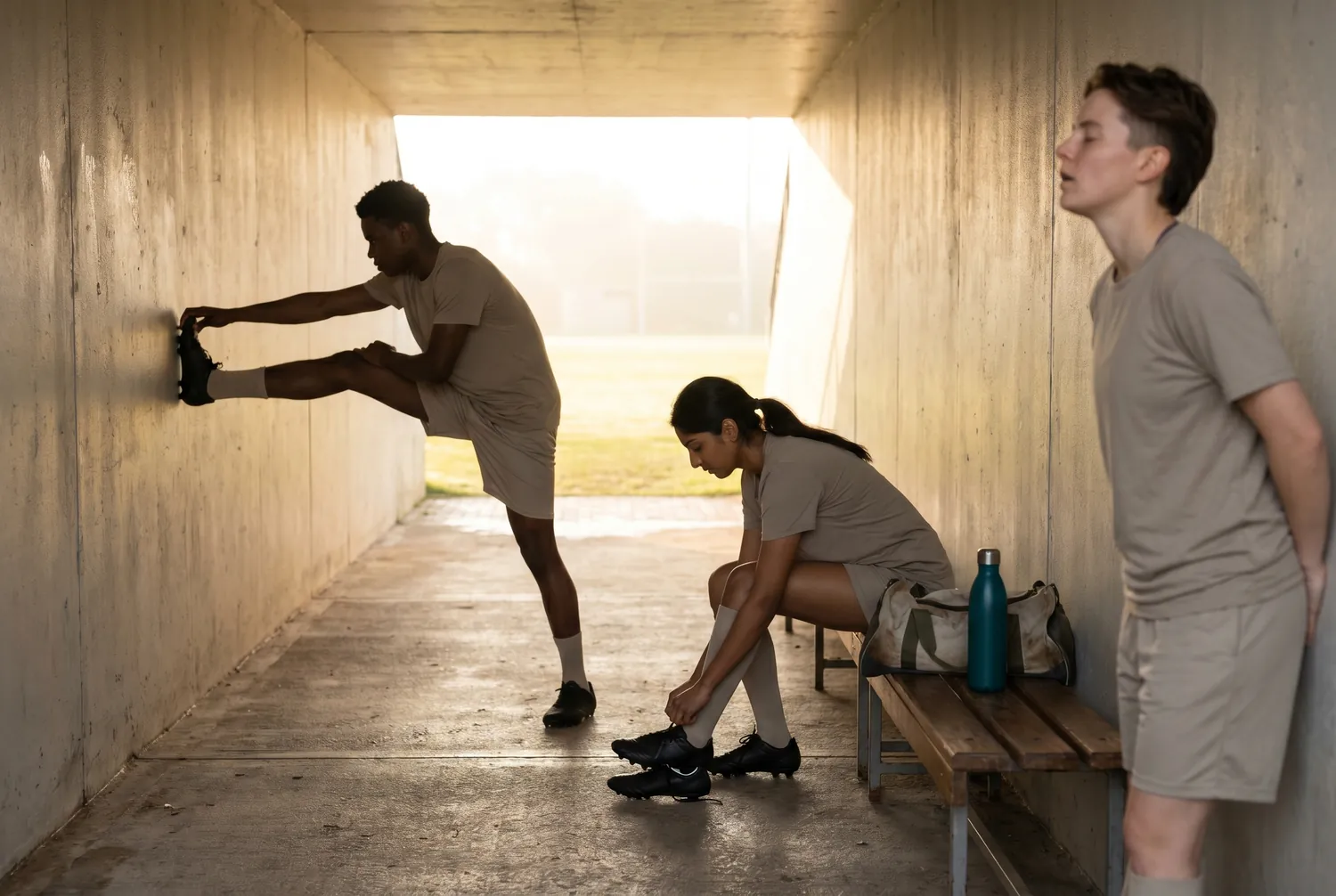 Three athletes in an empty stadium tunnel at dawn before training