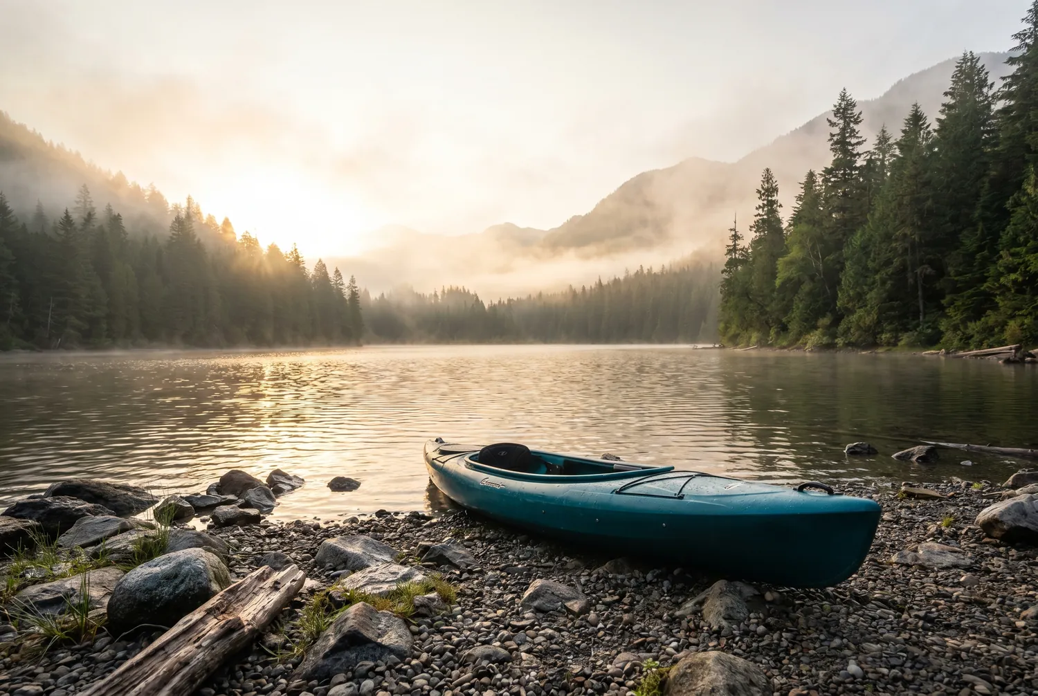 Morning fog lifting off a calm mountain lake at sunrise with a deep teal kayak resting on the shore