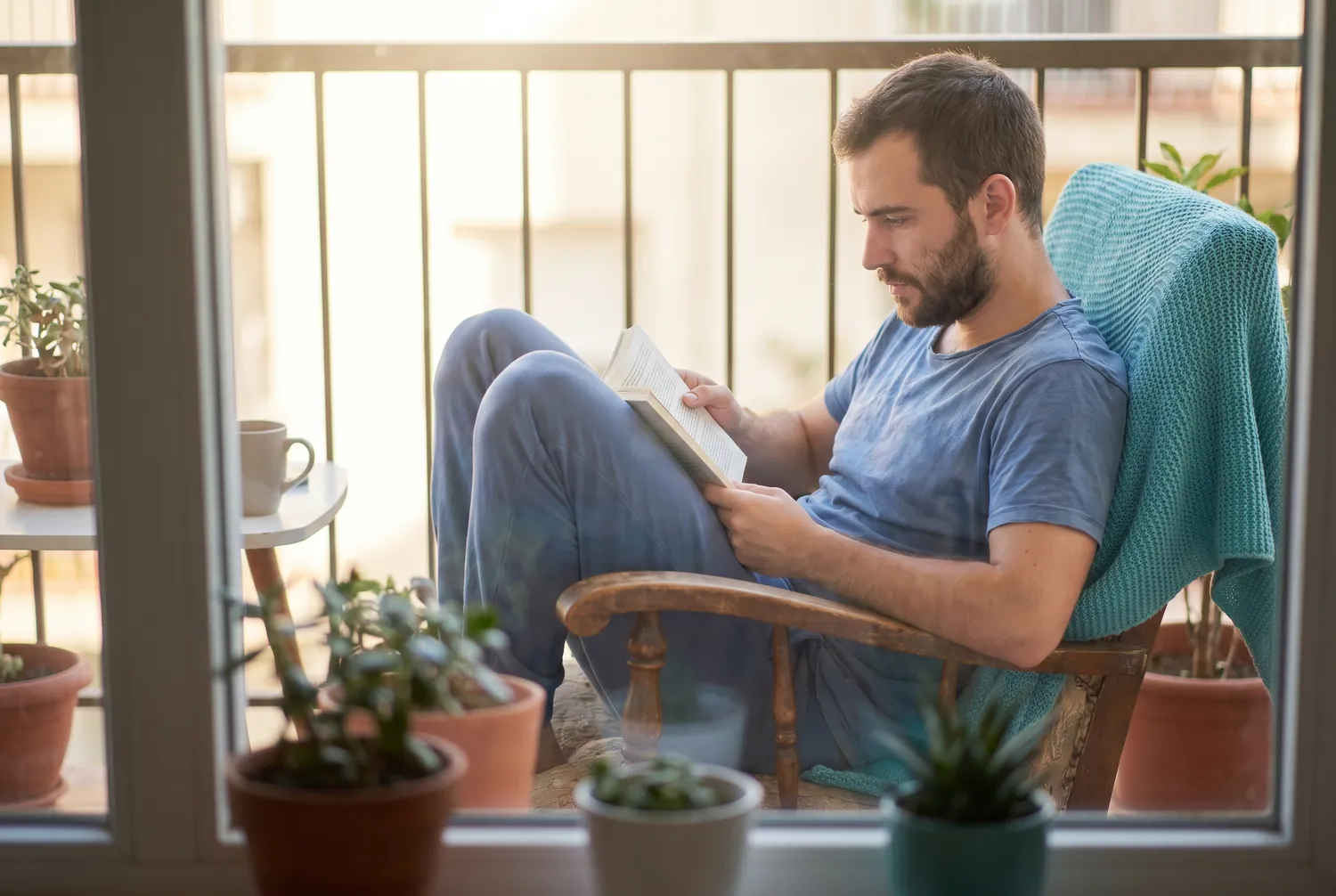 An adult reading by a bright window on a calm morning with a small potted plant nearby An adult reading by a bright window on a calm morning with a small potted plant nearby