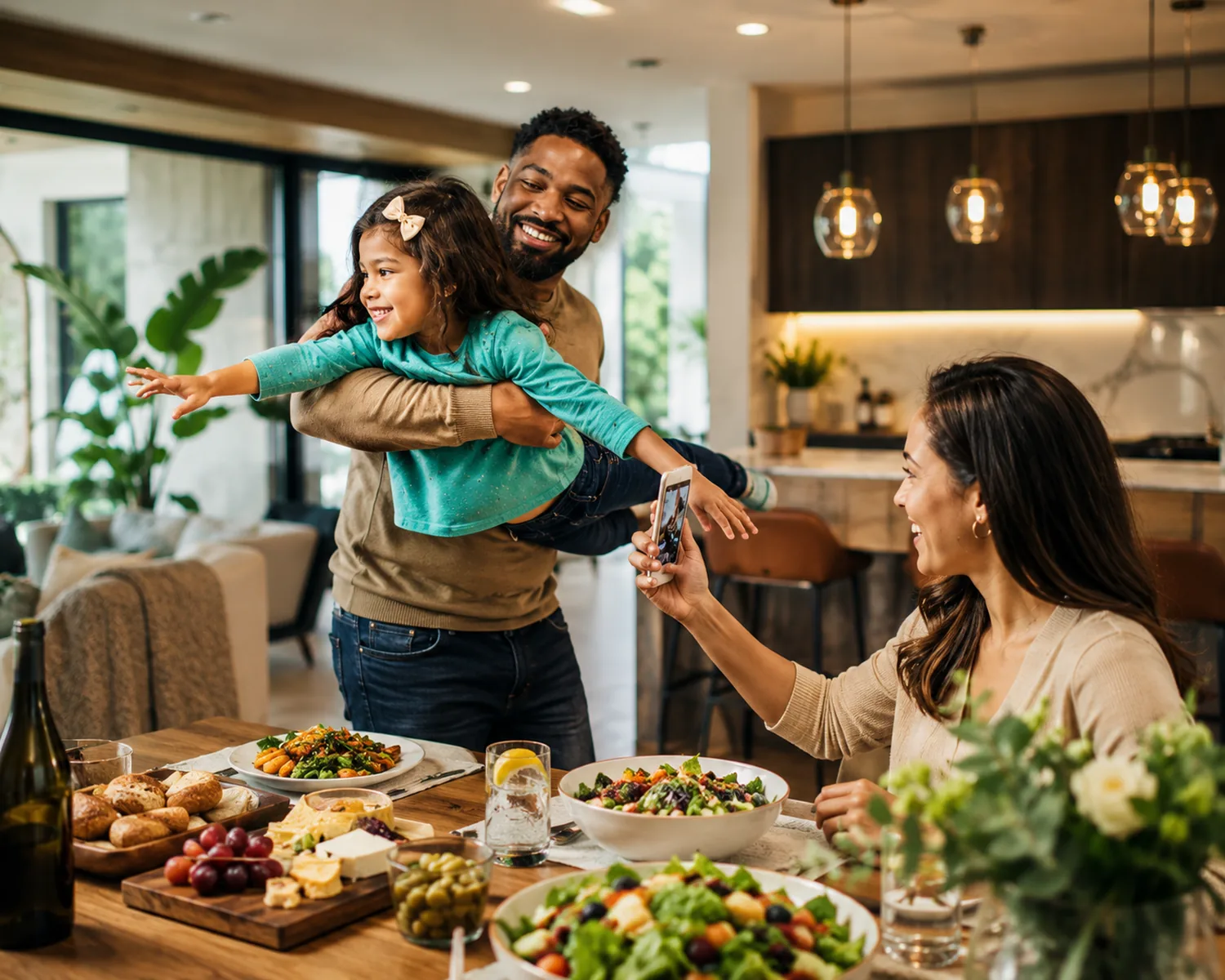 A father playfully lifts his daughter at a lively family dinner while mom takes a photo, everyday life thriving again A father playfully lifts his daughter at a lively family dinner while mom takes a photo, everyday life thriving again
