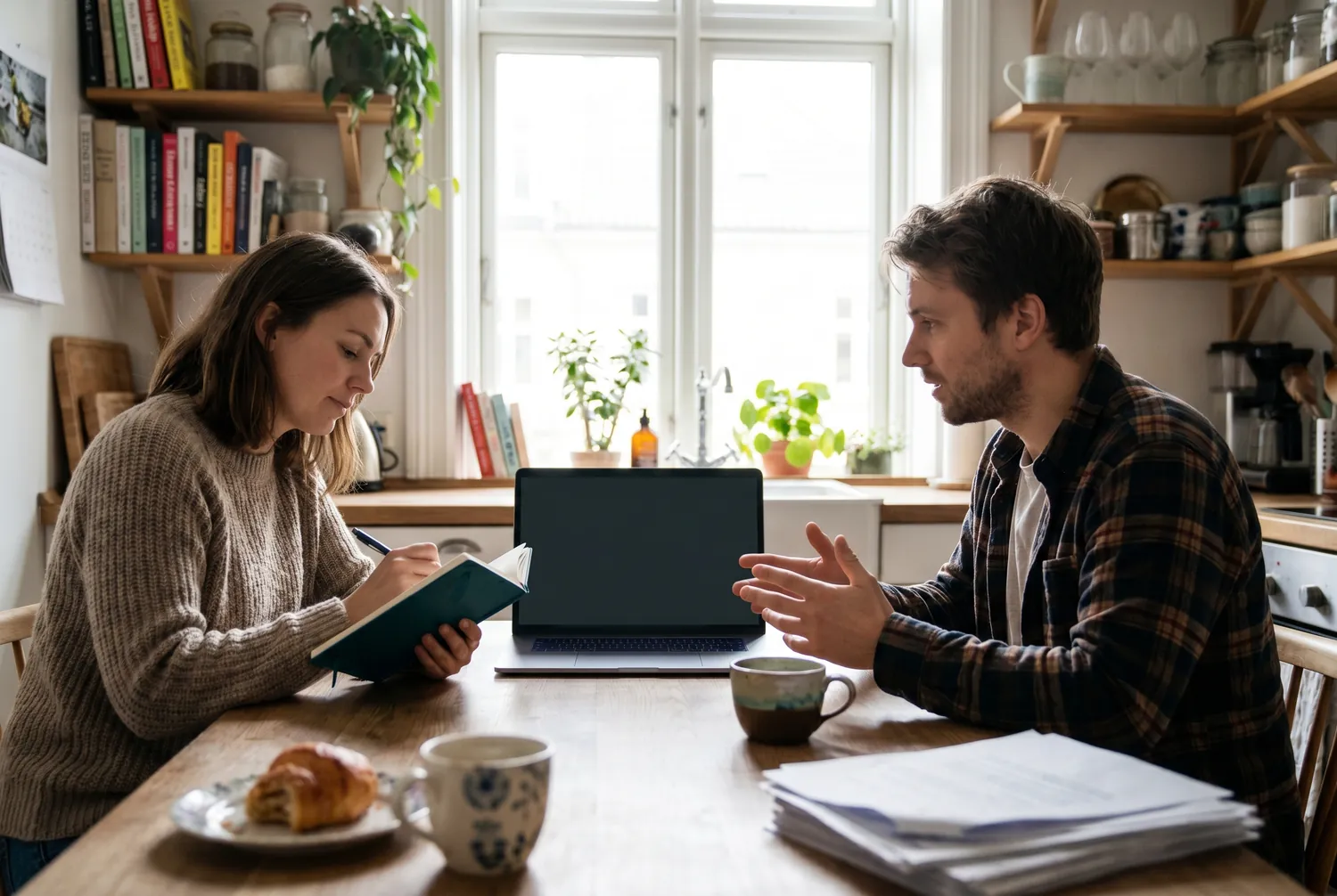 Two adults preparing notes together at a kitchen table before a telehealth psychiatric visit, with a deep teal notebook