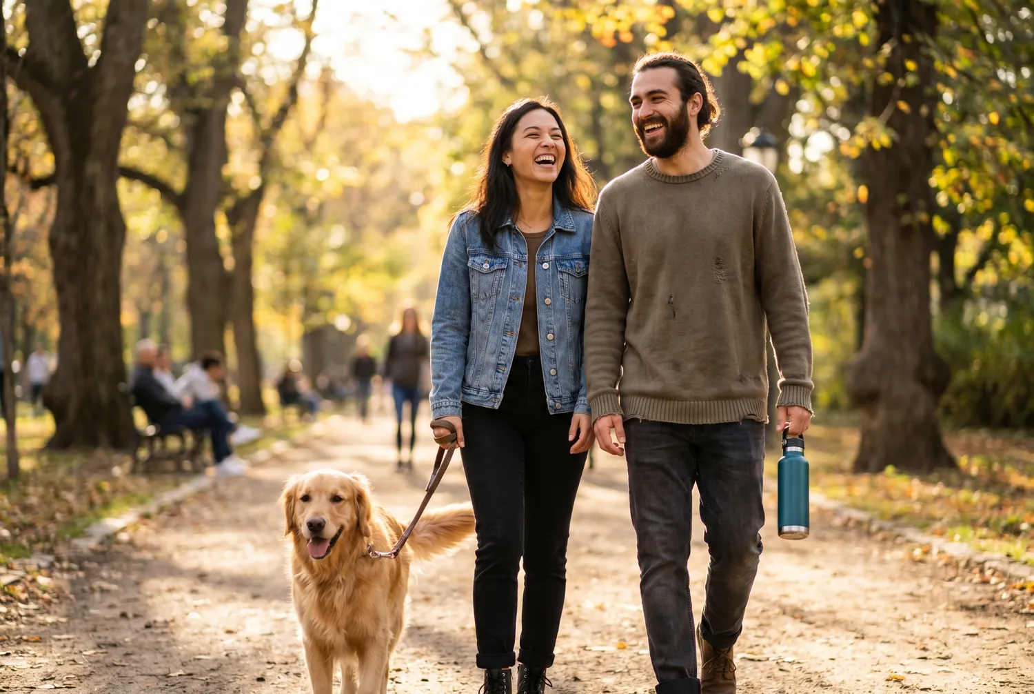 Two friends walking a dog along a tree-lined park path at golden hour, one carrying a deep teal water bottle