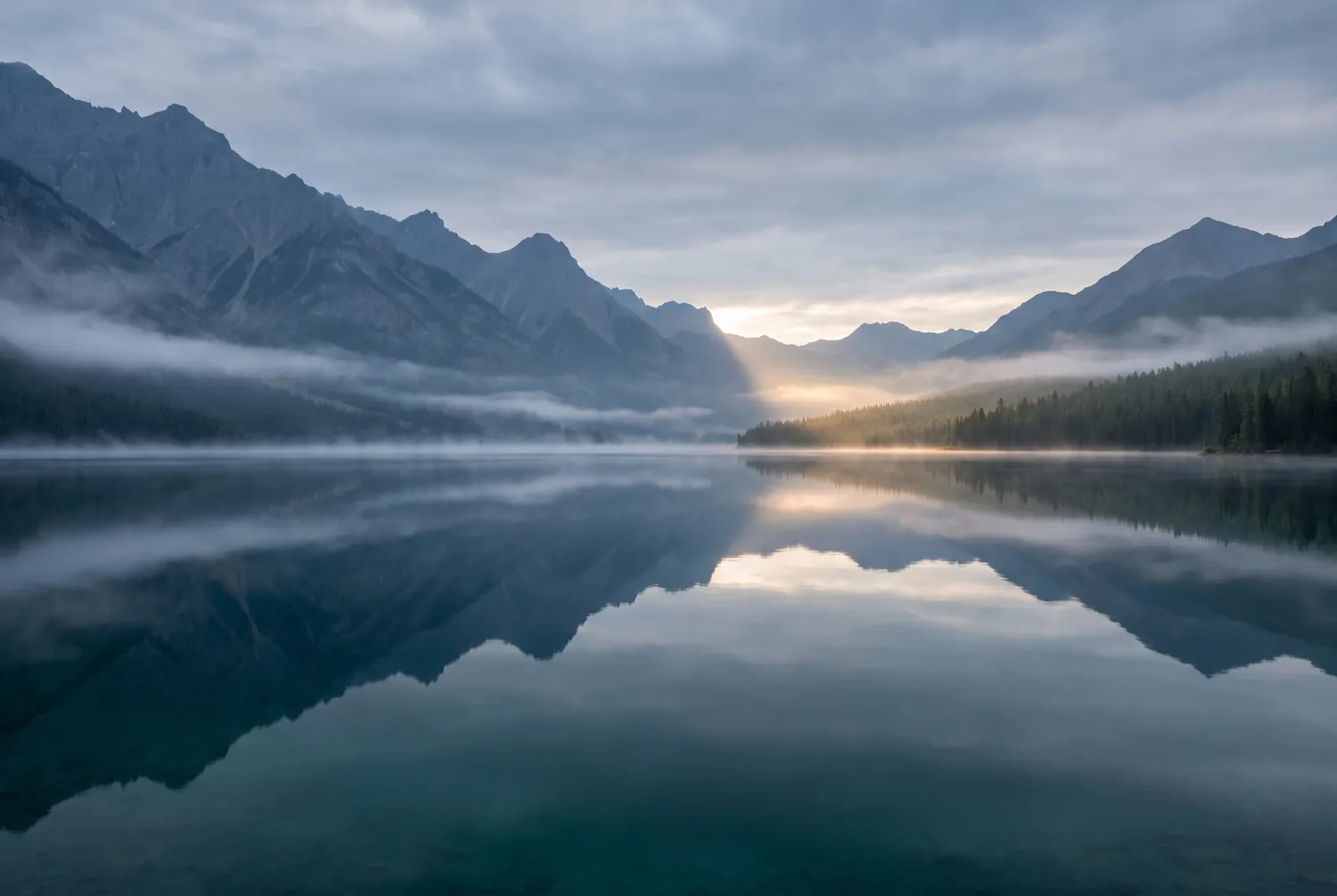 Mirror-calm mountain lake at dawn concealing deep dark water beneath the surface, an environmental metaphor for hidden depression