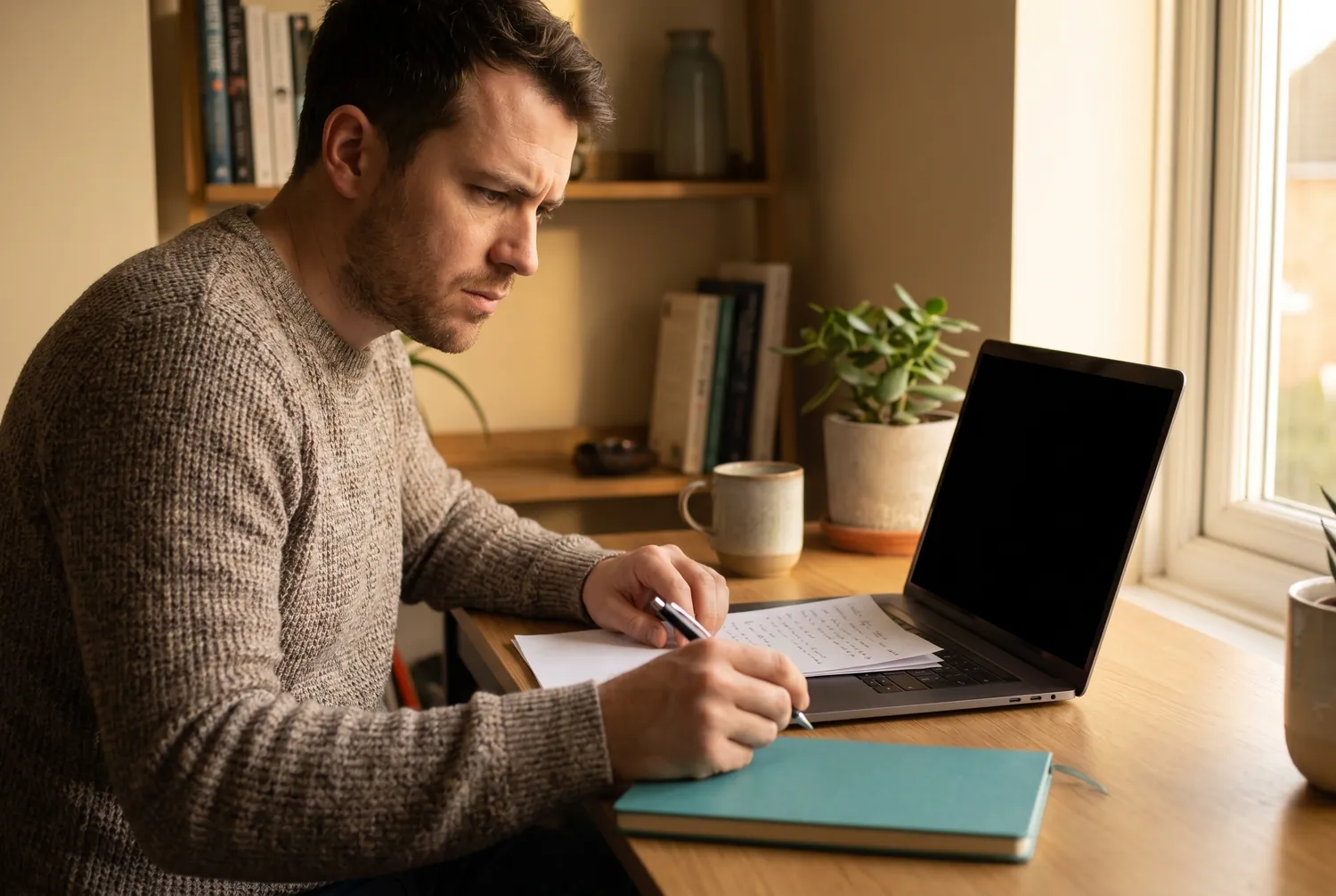 Man at a desk researching psychiatrists on a laptop with a teal notebook