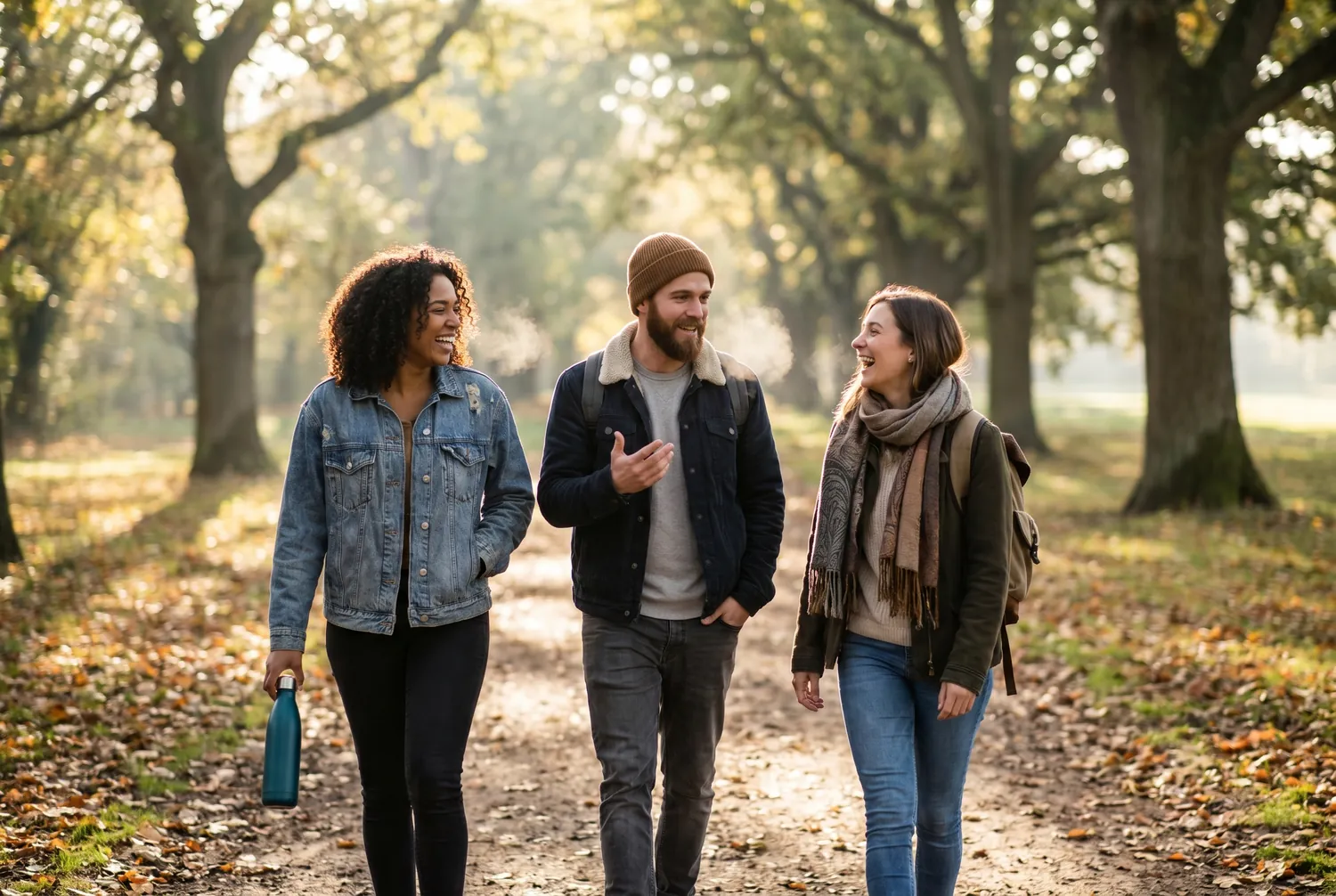Three friends walking briskly together on a tree-lined park path