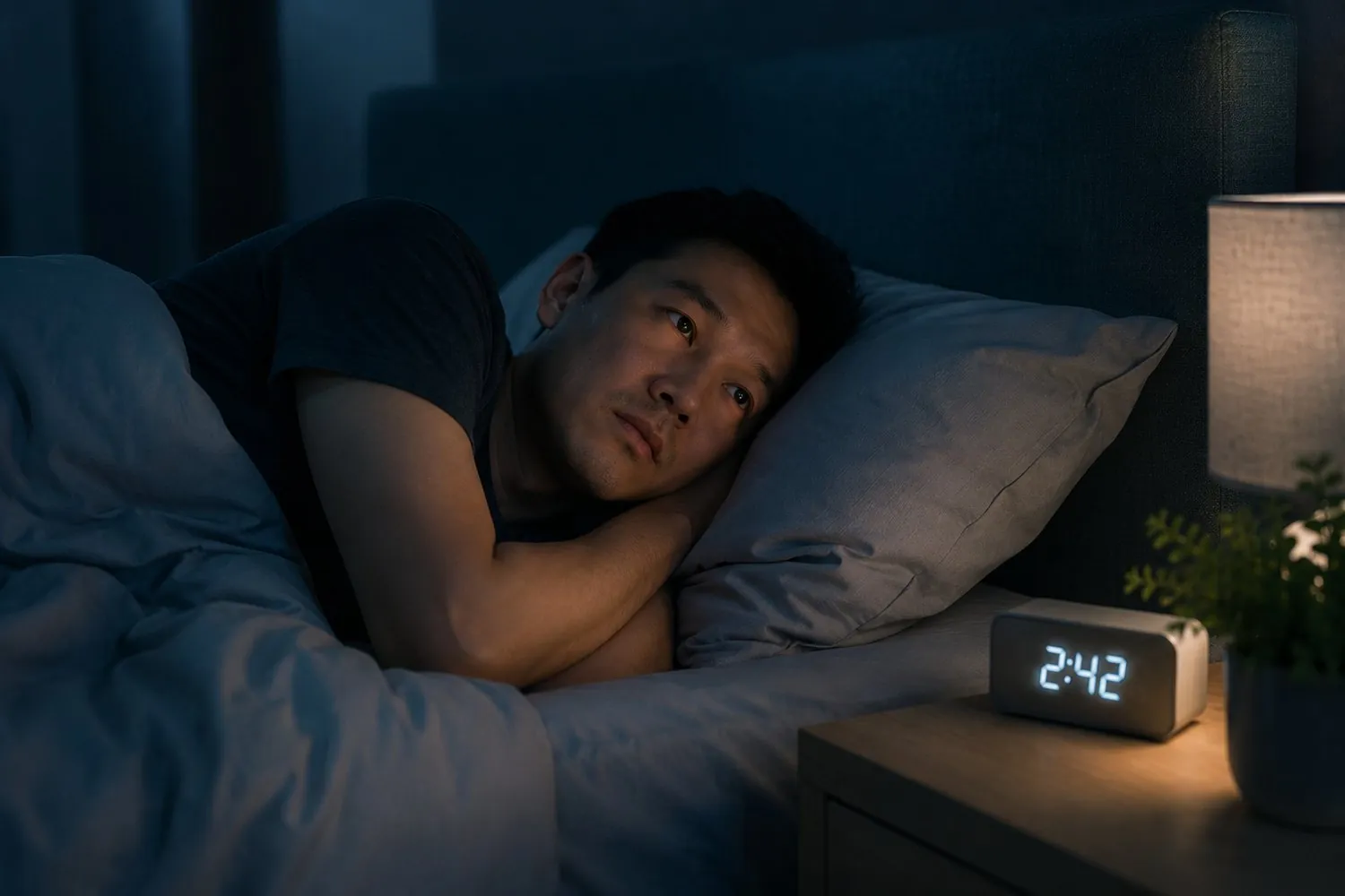 an adult lying awake in bed at night, eyes open, a clock glowing softly nearby
