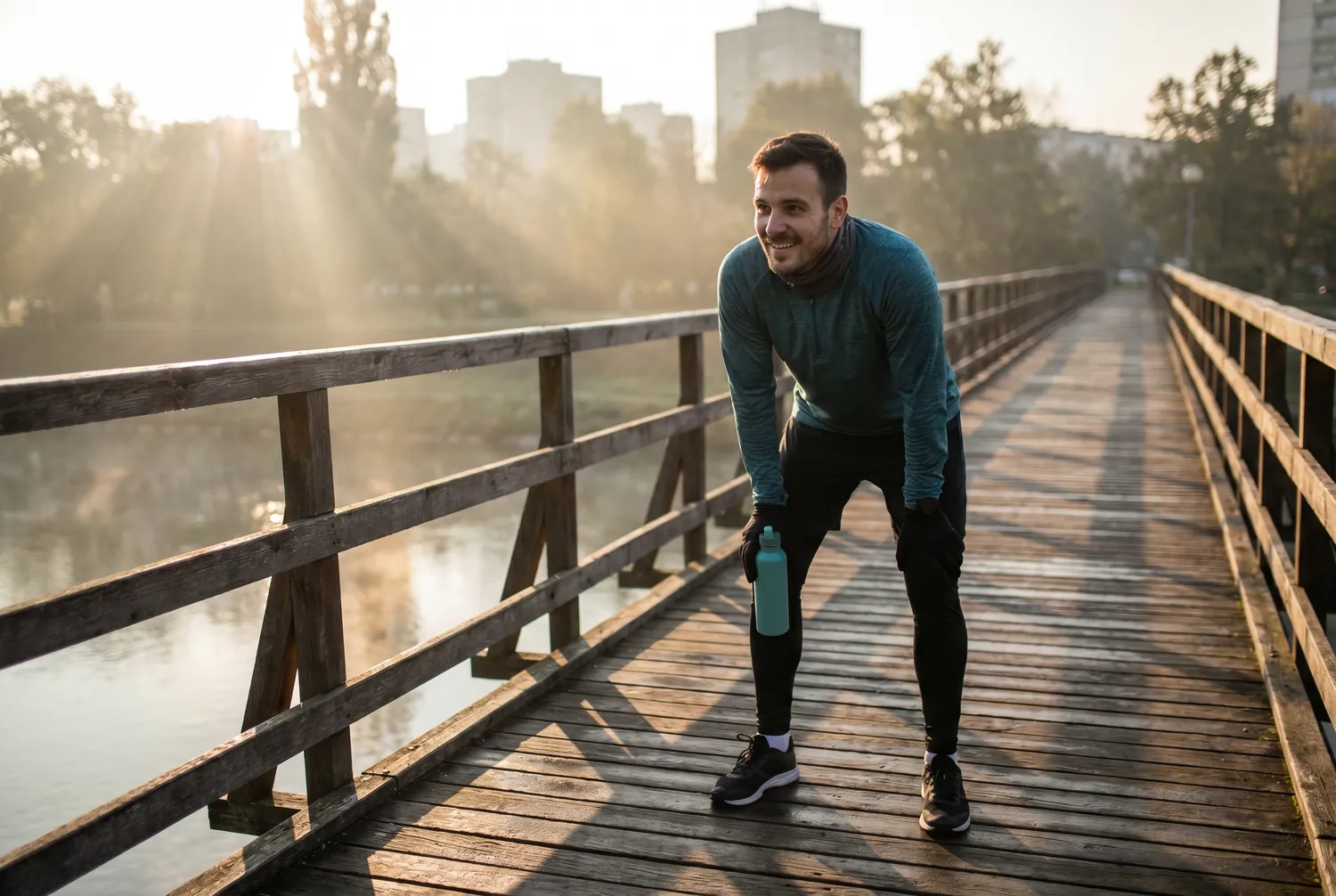 Runner pausing on a quiet bridge at sunrise holding a teal water bottle