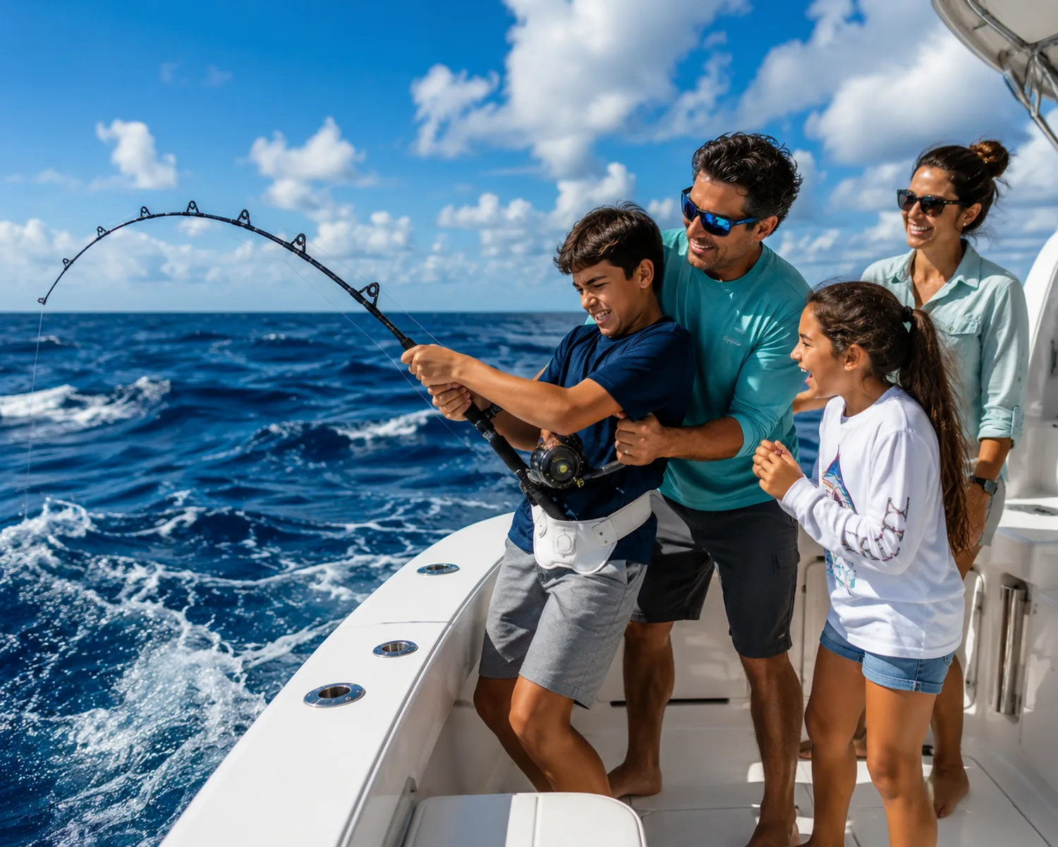 A father helps his son reel in a big catch on a family fishing trip while the whole family cheers