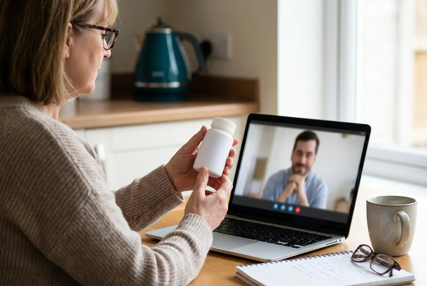 A woman showing a medication bottle to her clinician during a telehealth video visit A woman showing a medication bottle to her clinician during a telehealth video visit