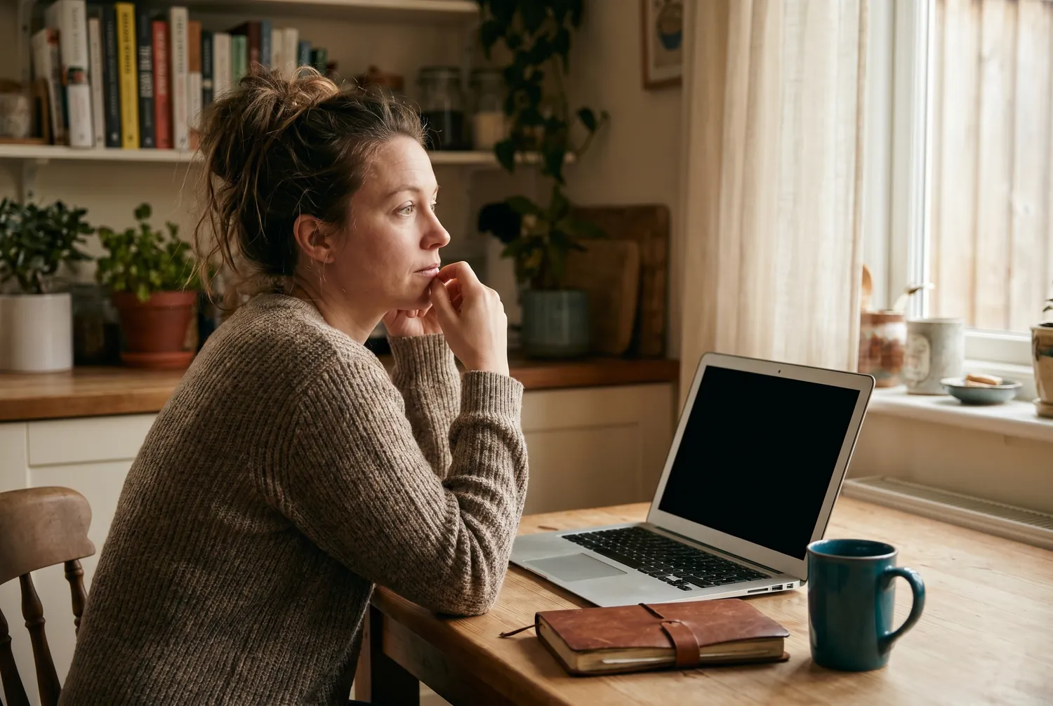 Woman pausing in thought at a kitchen table with a laptop and journal, weighing whether to seek mental health care