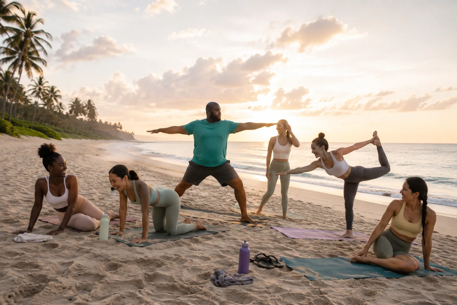 A diverse group greets the sunrise with beach yoga, one member in a teal shirt holding warrior pose