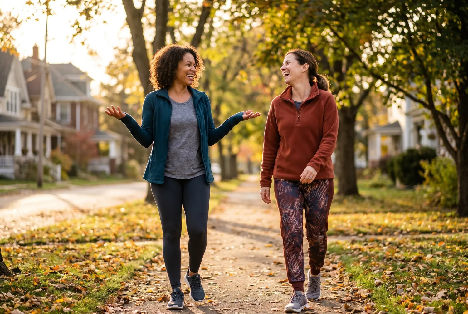 Two women in their forties laughing on a brisk neighborhood walk Two women in their forties laughing on a brisk neighborhood walk