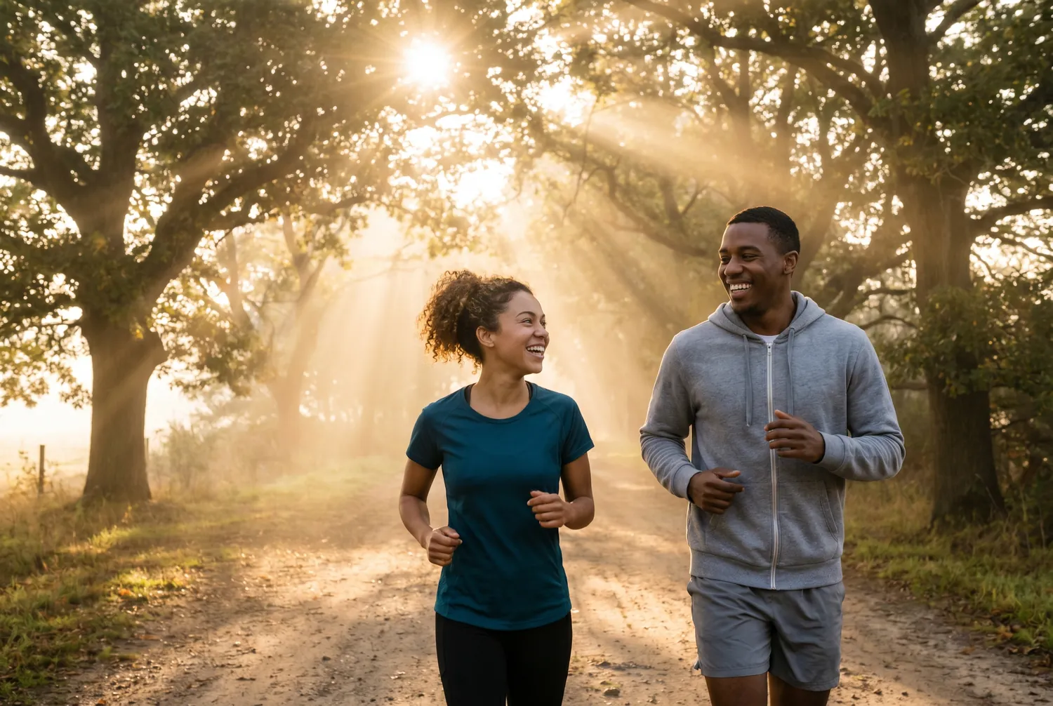Two friends jogging a sunrise path, smiling mid-conversation Two friends jogging a sunrise path, smiling mid-conversation