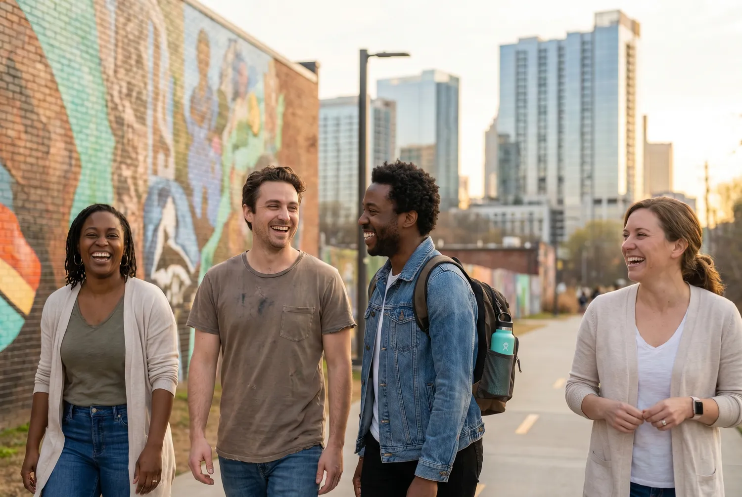 Friends walking the Atlanta BeltLine with the Midtown skyline behind them Friends walking the Atlanta BeltLine with the Midtown skyline behind them