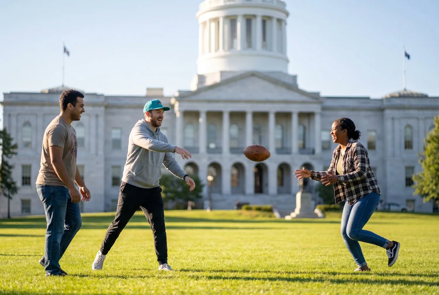 Friends playing catch on the Maine State House lawn in Augusta, Maine Friends playing catch on the Maine State House lawn in Augusta, Maine