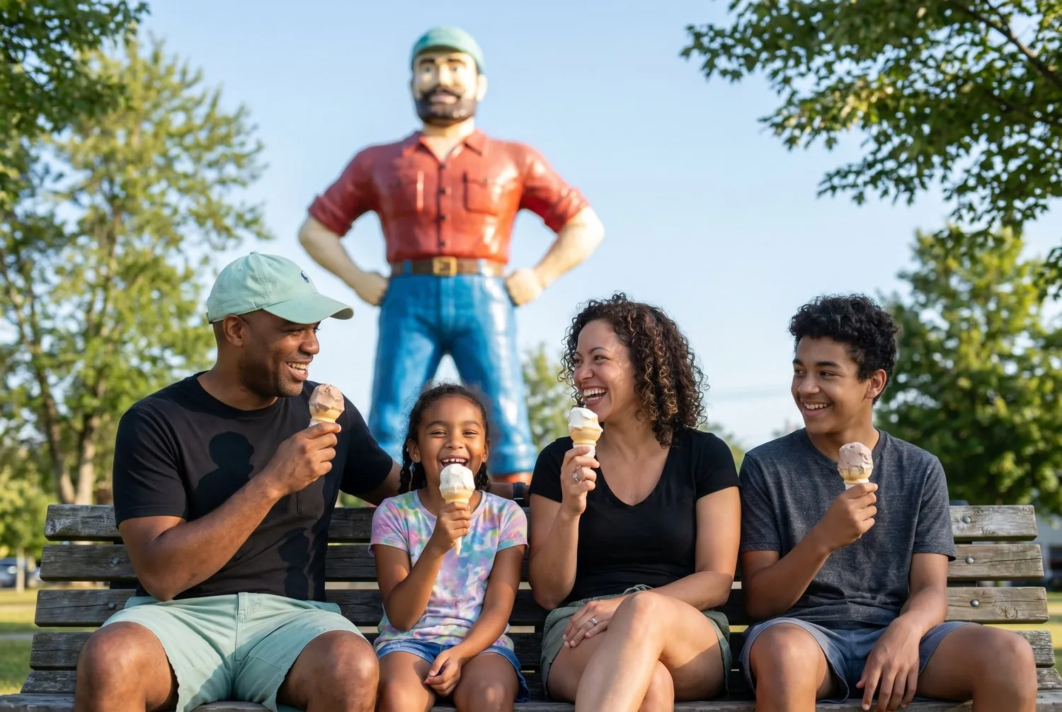 Family eating ice cream beside the Paul Bunyan statue in Bangor, Maine Family eating ice cream beside the Paul Bunyan statue in Bangor, Maine