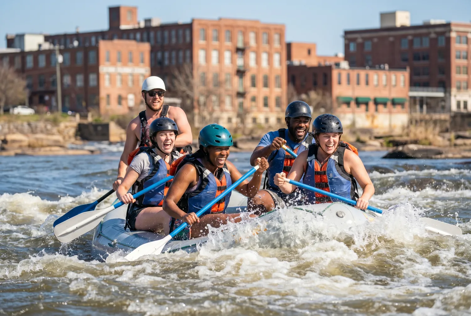 Whitewater rafting the Chattahoochee through uptown Columbus, Georgia Whitewater rafting the Chattahoochee through uptown Columbus, Georgia