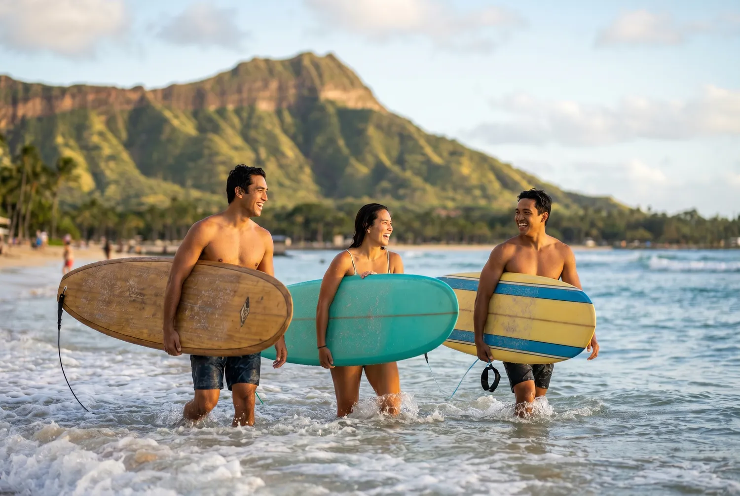 Surfers at Waikiki with Diamond Head behind, Honolulu Surfers at Waikiki with Diamond Head behind, Honolulu
