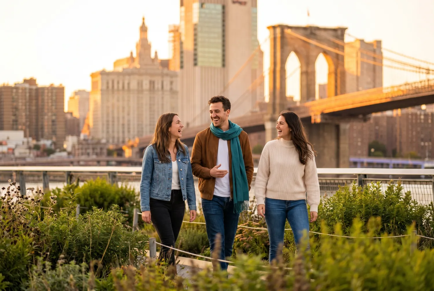 Friends at Brooklyn Bridge Park with the Manhattan skyline at golden hour Friends at Brooklyn Bridge Park with the Manhattan skyline at golden hour