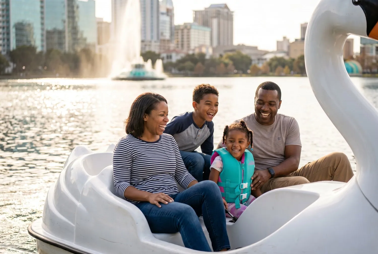 Family pedaling a swan boat on Lake Eola with the downtown Orlando, Florida skyline Family pedaling a swan boat on Lake Eola with the downtown Orlando, Florida skyline