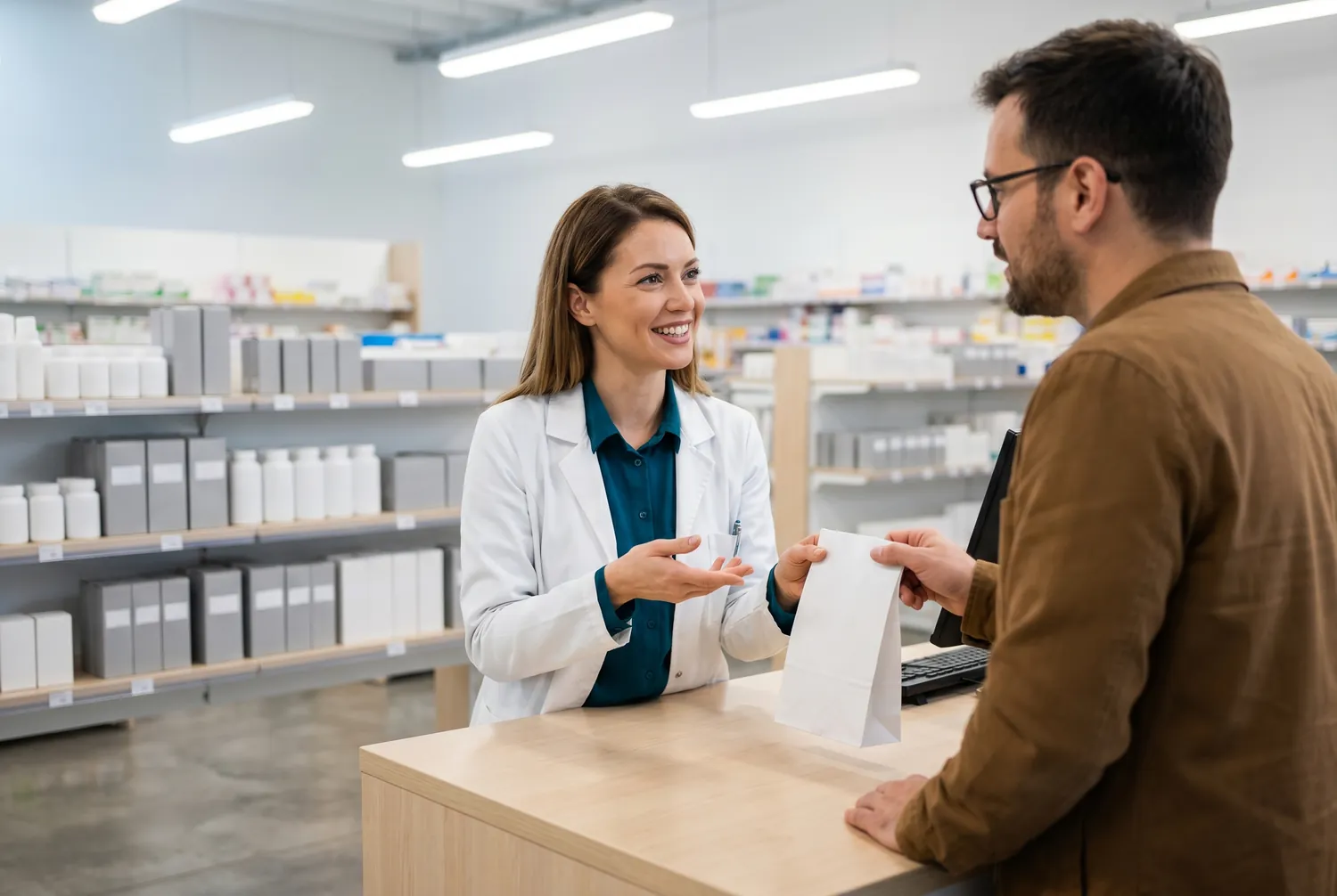 A pharmacist warmly explaining a prescription at the pharmacy counter A pharmacist warmly explaining a prescription at the pharmacy counter