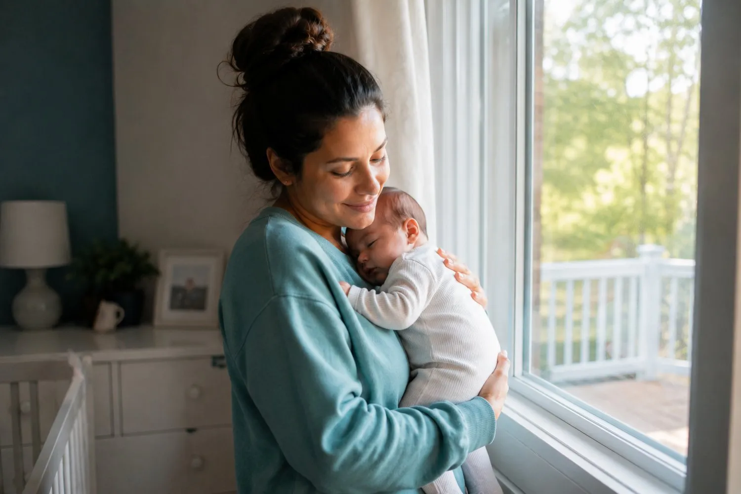 a parent holding their baby by a window, tired but tender