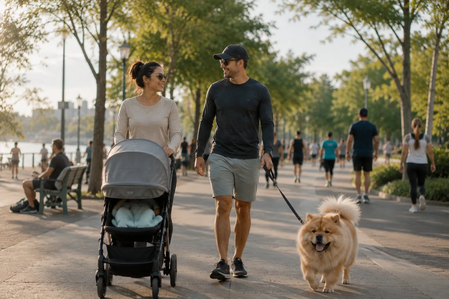 a parent on a short walk outdoors with a stroller, a moment of relief