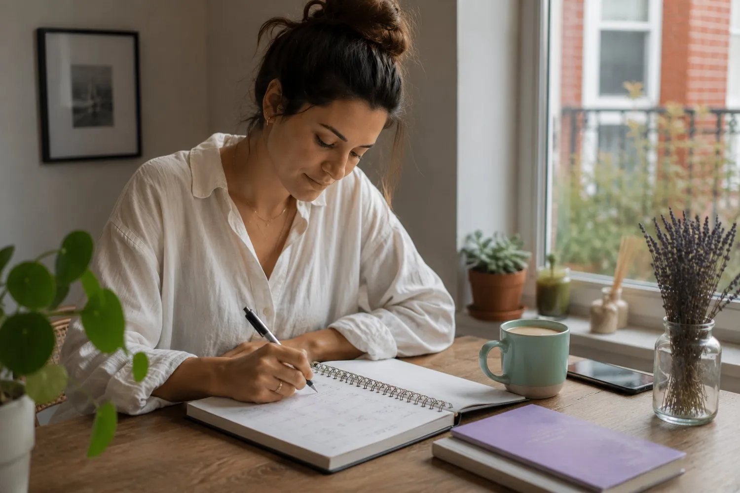 a calm person tracking their cycle in a notebook by a window