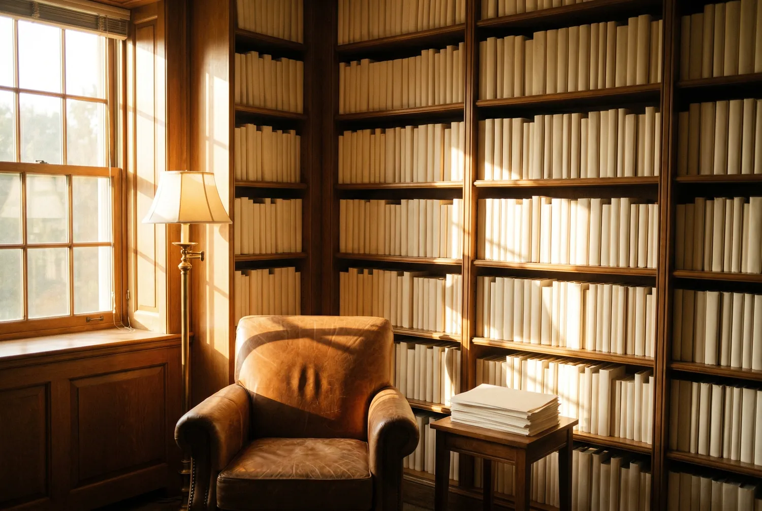 A library reading corner in late afternoon light