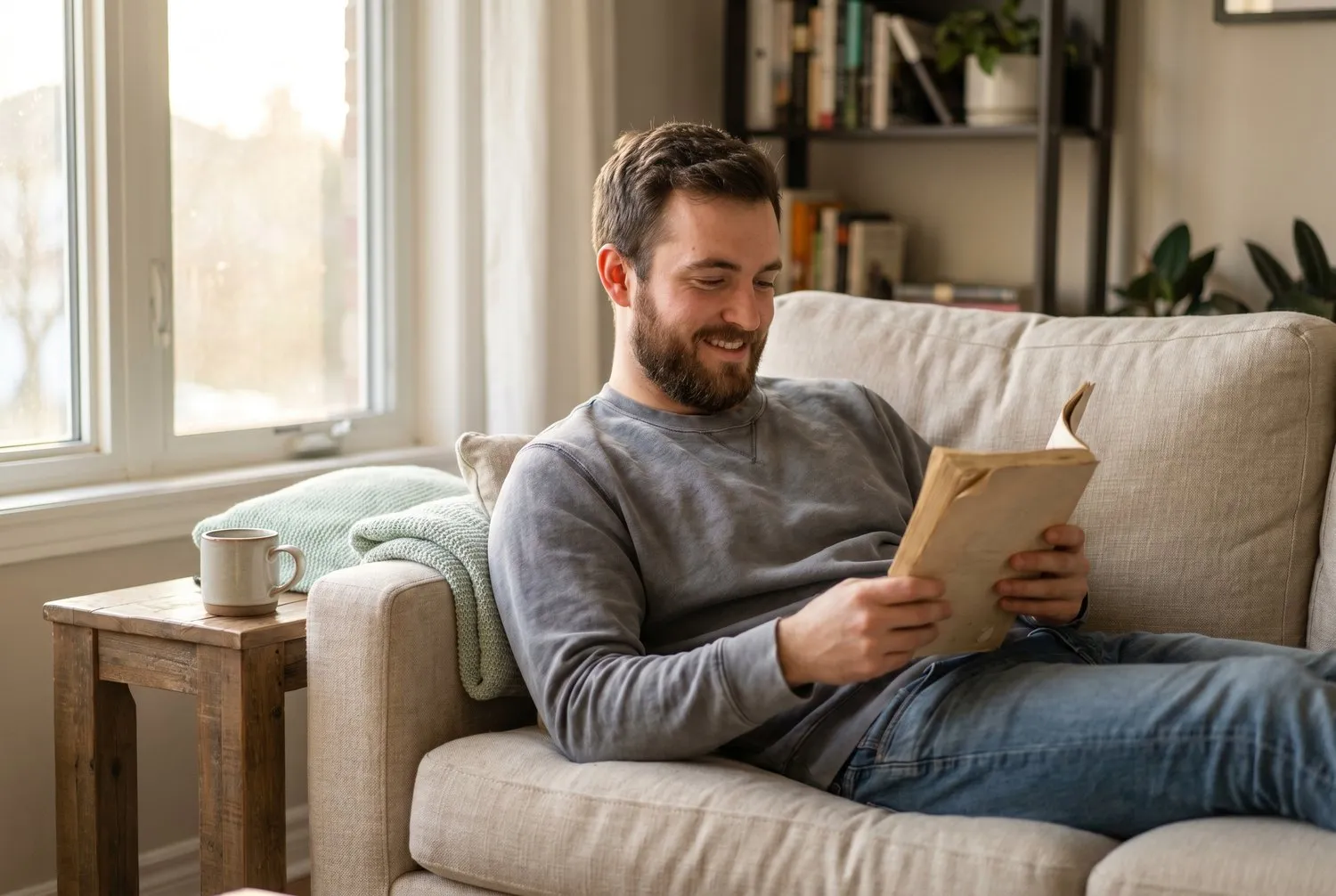 Reading a mental health guide on the couch at home