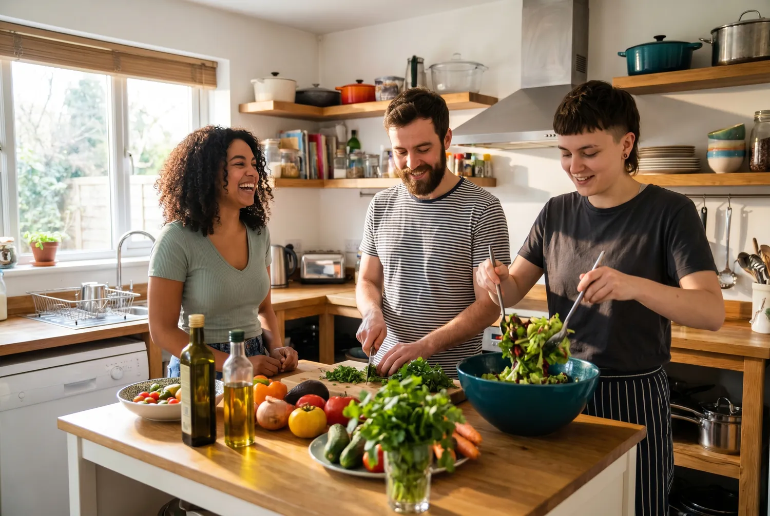 Three friends cooking a colorful balanced meal together in a bright kitchen with a deep teal mixing bowl