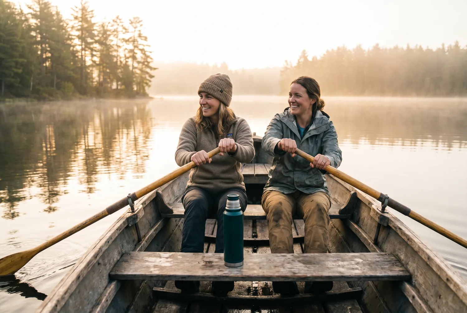 Two friends rowing a wooden rowboat in rhythm across a calm lake Two friends rowing a wooden rowboat in rhythm across a calm lake