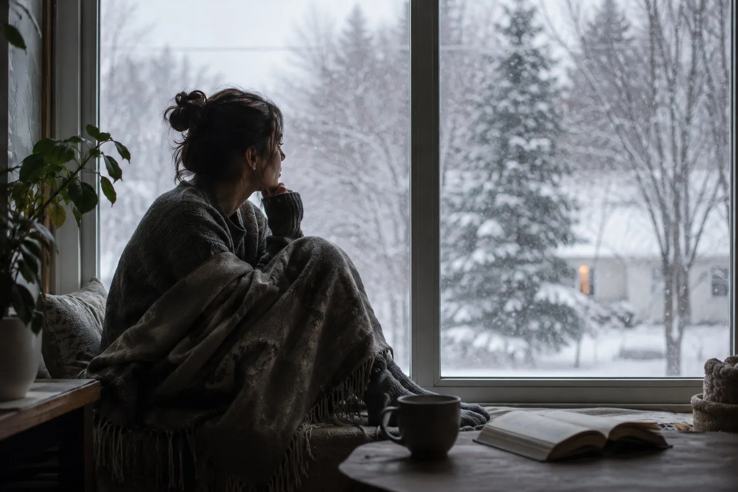 an adult by a frosted window in low winter light, quiet and tired