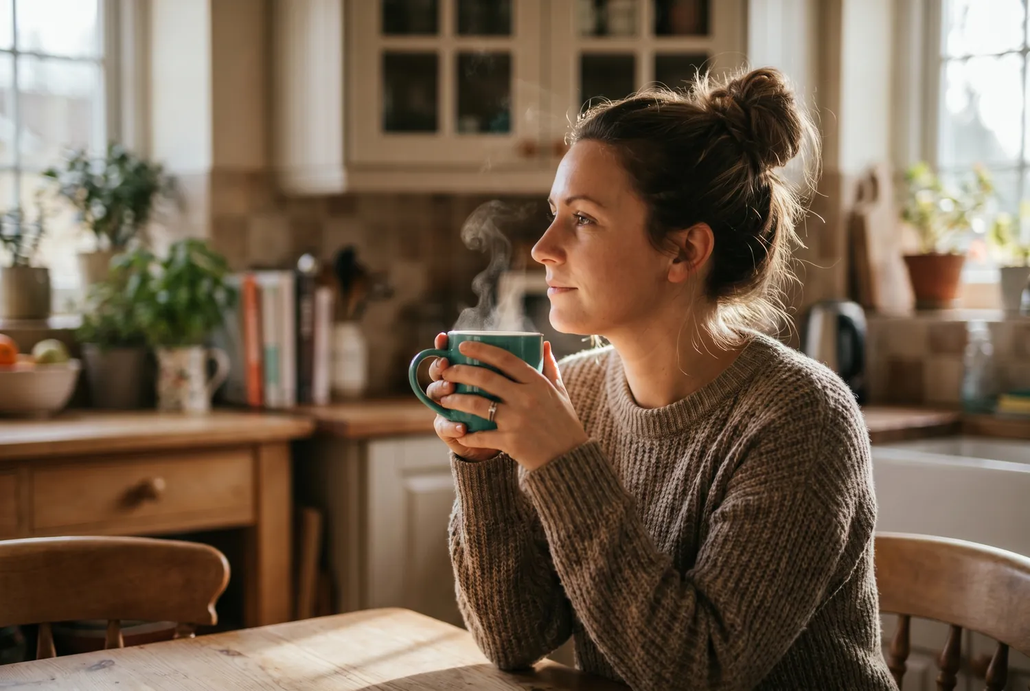 Two adults sharing morning coffee at a sunlit kitchen counter in calm conversation Two adults sharing morning coffee at a sunlit kitchen counter in calm conversation