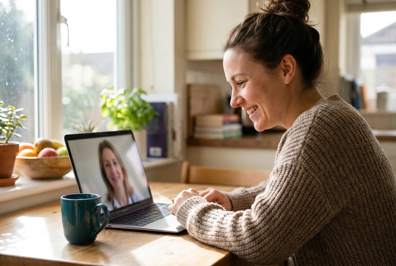 Woman at a sunlit kitchen table talking with a psychiatrist over a laptop video call, a deep teal mug beside her