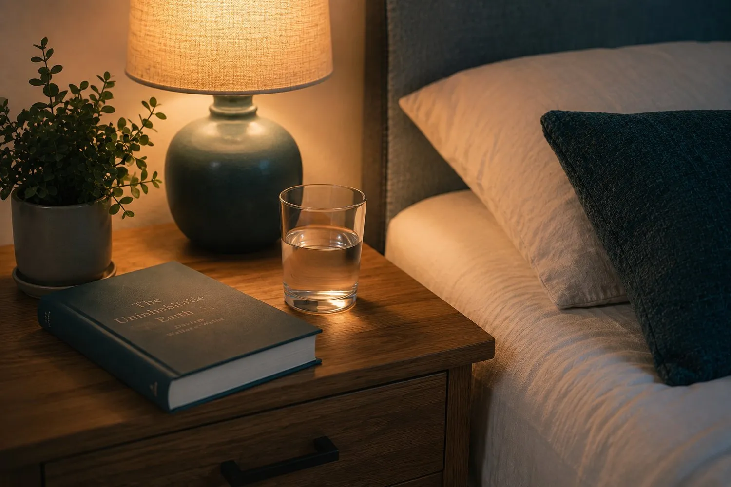 a tidy bedside table with a book and a glass of water in soft evening light