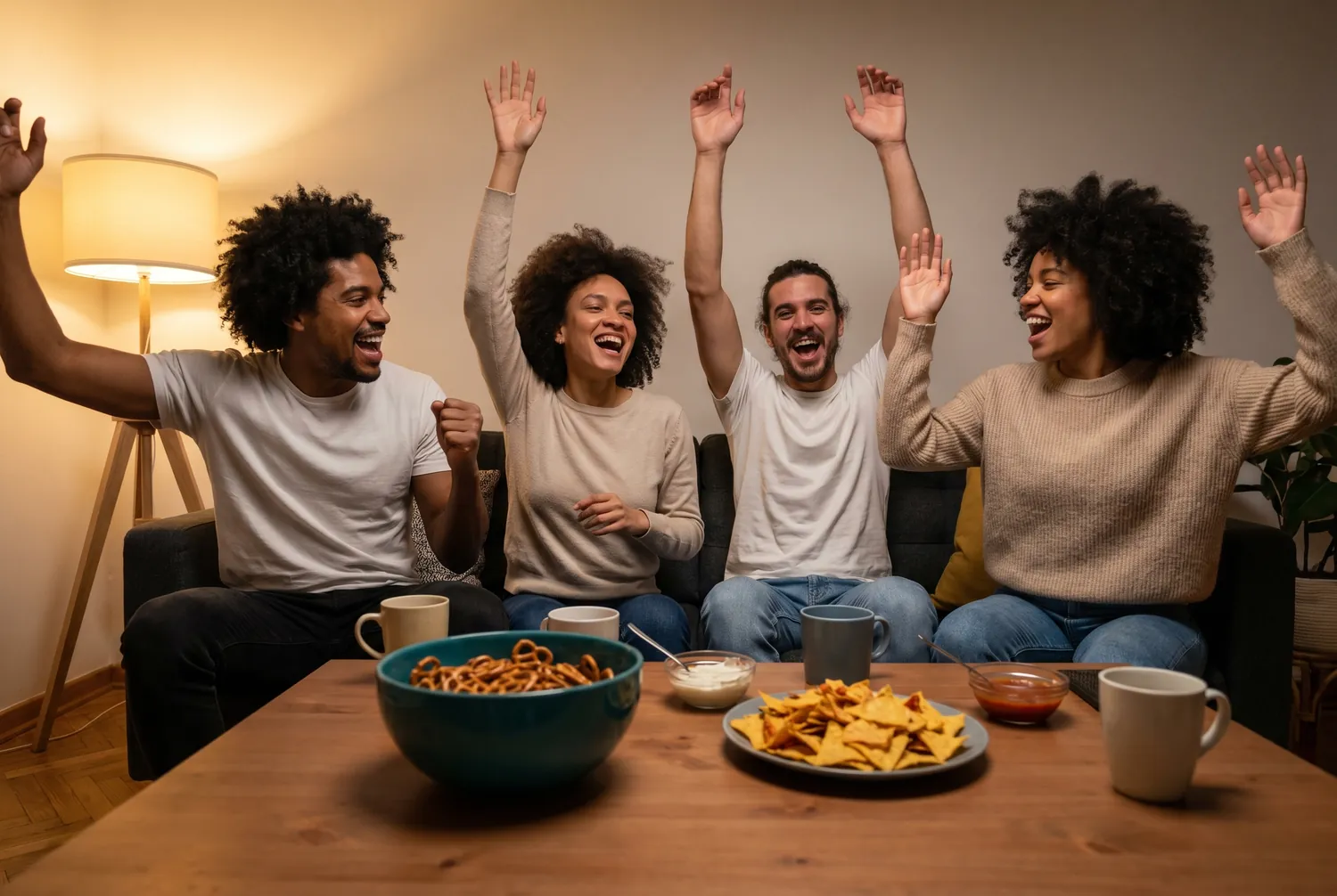 Four friends cheering together around a snack-covered coffee table at a game-day watch party