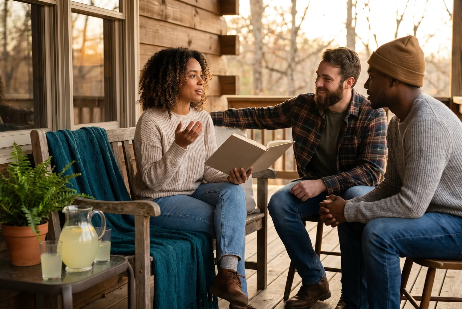 Three friends in a relaxed porch conversation about a book Three friends in a relaxed porch conversation about a book