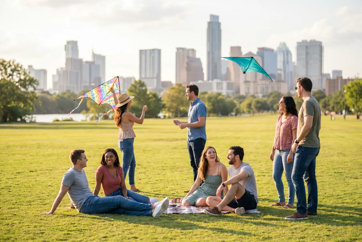 Friends flying kites on the Zilker Park lawn in Austin, Texas Friends flying kites on the Zilker Park lawn in Austin, Texas