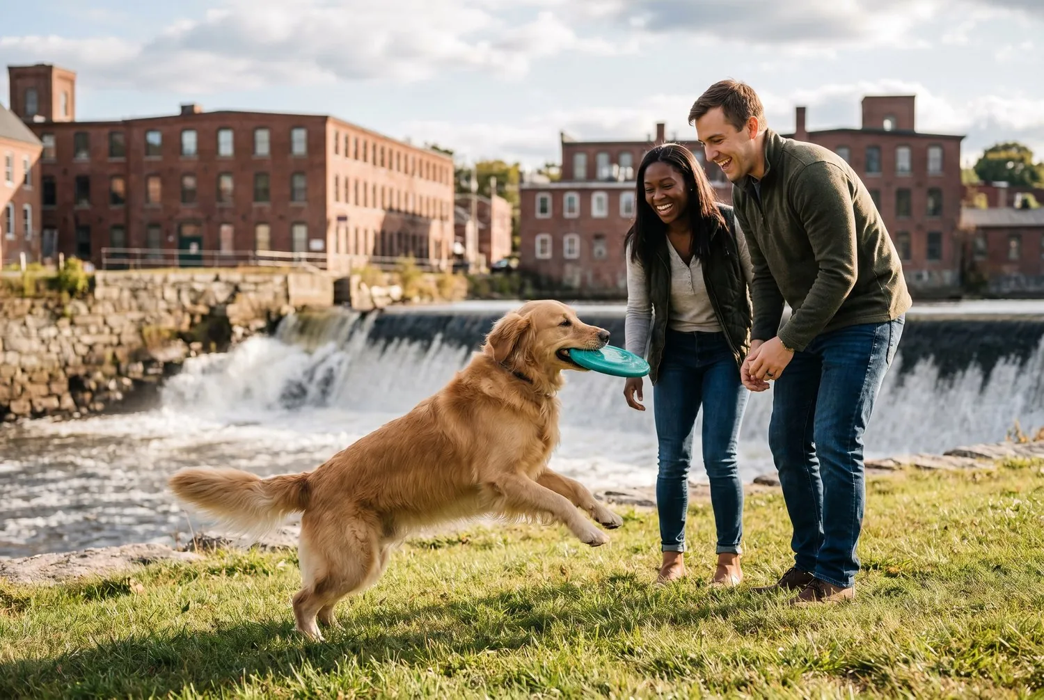 Couple playing fetch with their dog by the Saco River falls in Biddeford, Maine Couple playing fetch with their dog by the Saco River falls in Biddeford, Maine