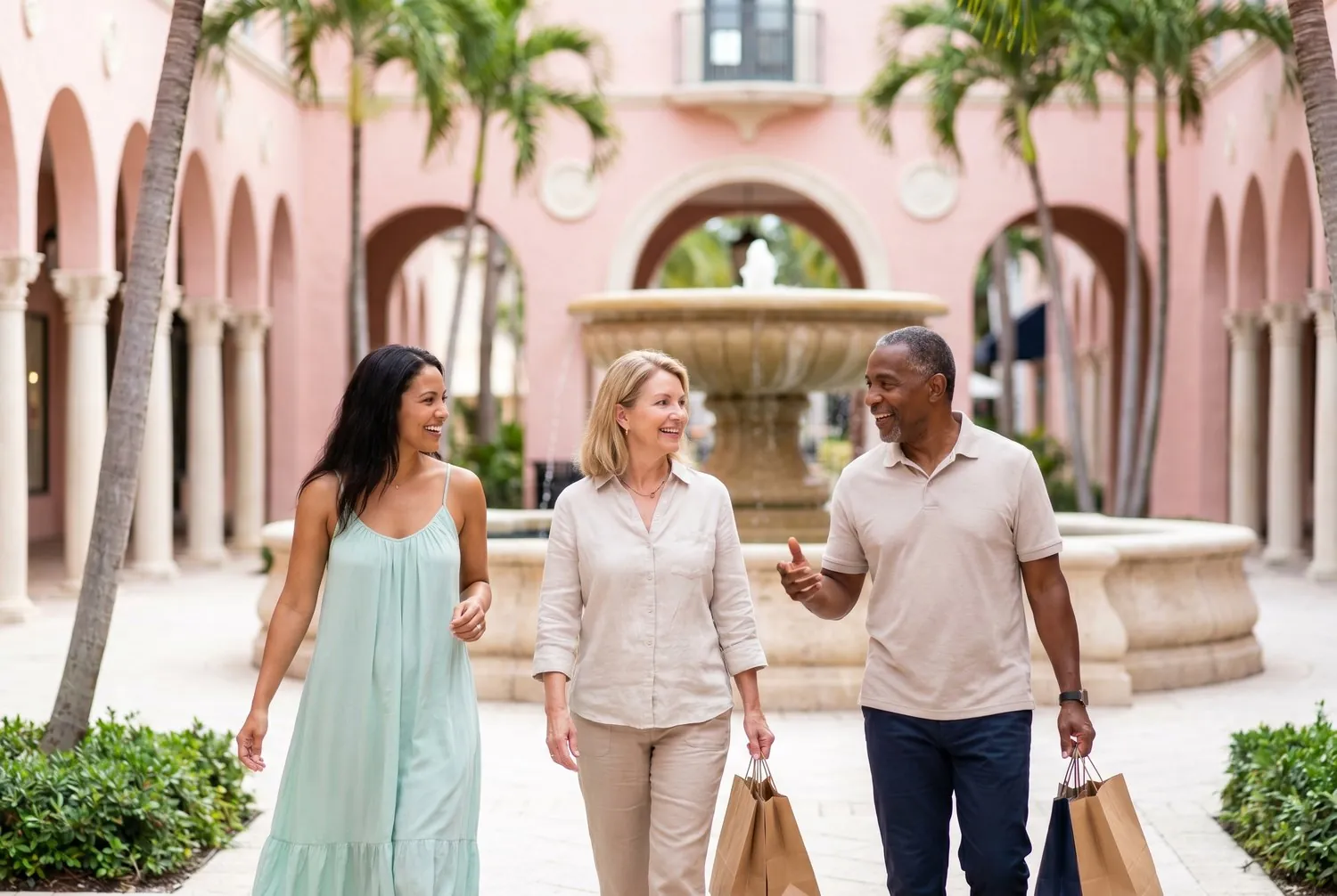 Friends strolling the Mizner Park courtyard in Boca Raton, Florida