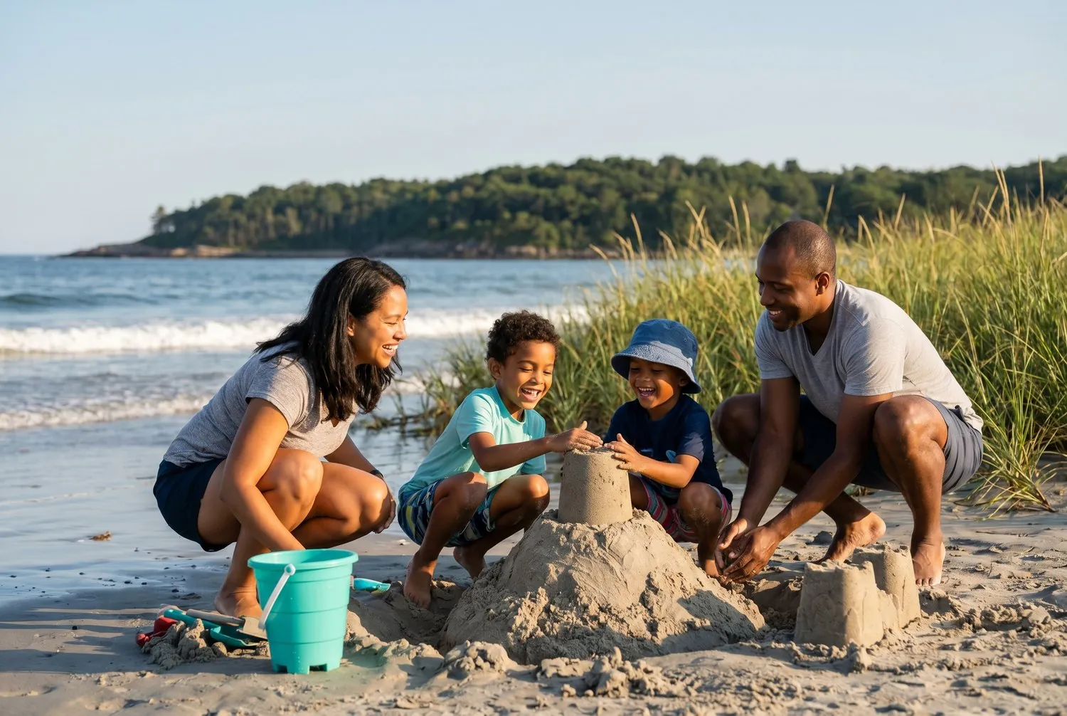 Family building a sandcastle at Crescent Beach in Cape Elizabeth, Maine