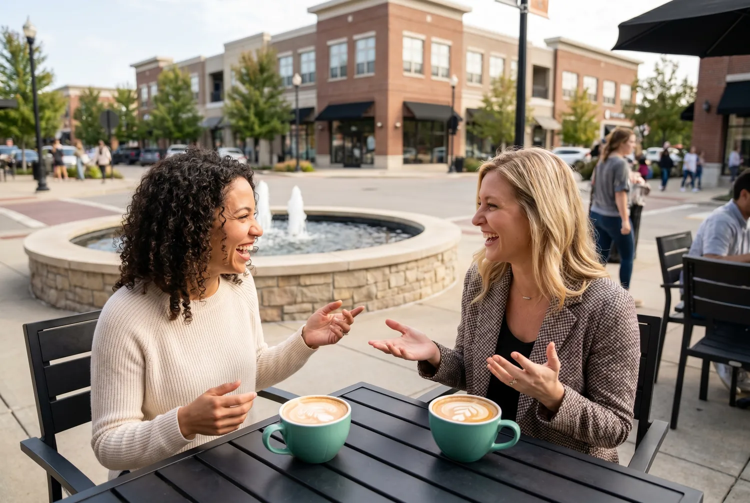 Lattes at a sleek cafe near a Carmel roundabout fountain Lattes at a sleek cafe near a Carmel roundabout fountain
