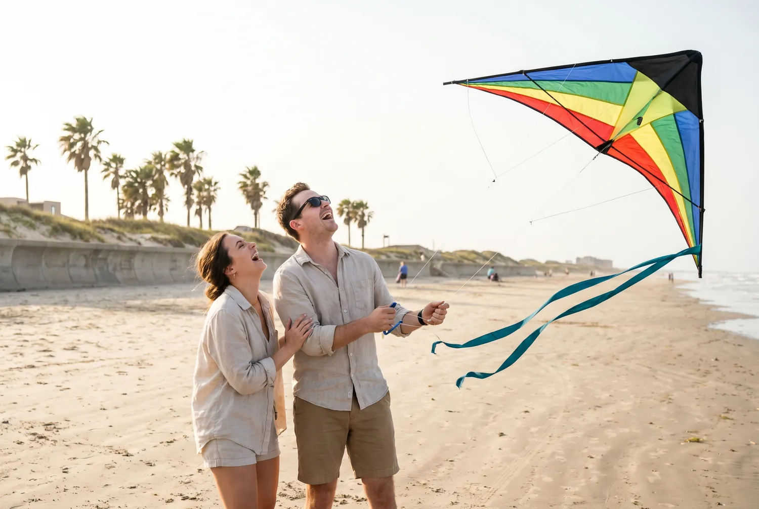 Couple flying a kite on a Corpus Christi Gulf beach Couple flying a kite on a Corpus Christi Gulf beach