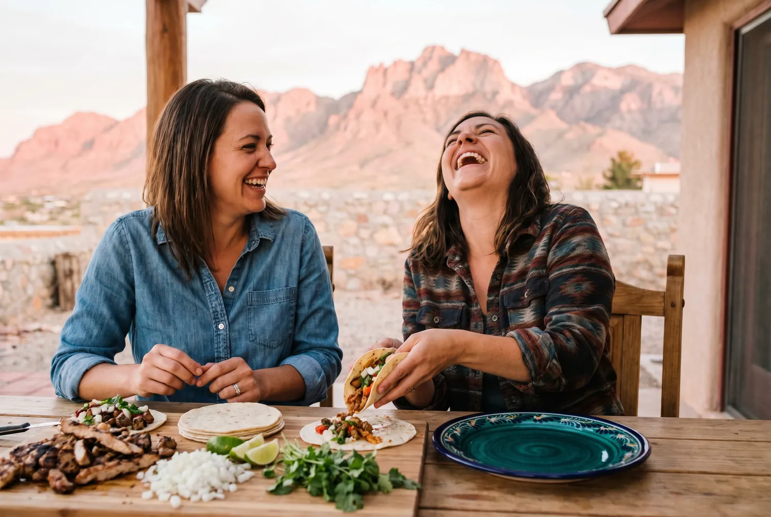 Friends making tacos on a patio with El Paso desert mountains behind Friends making tacos on a patio with El Paso desert mountains behind