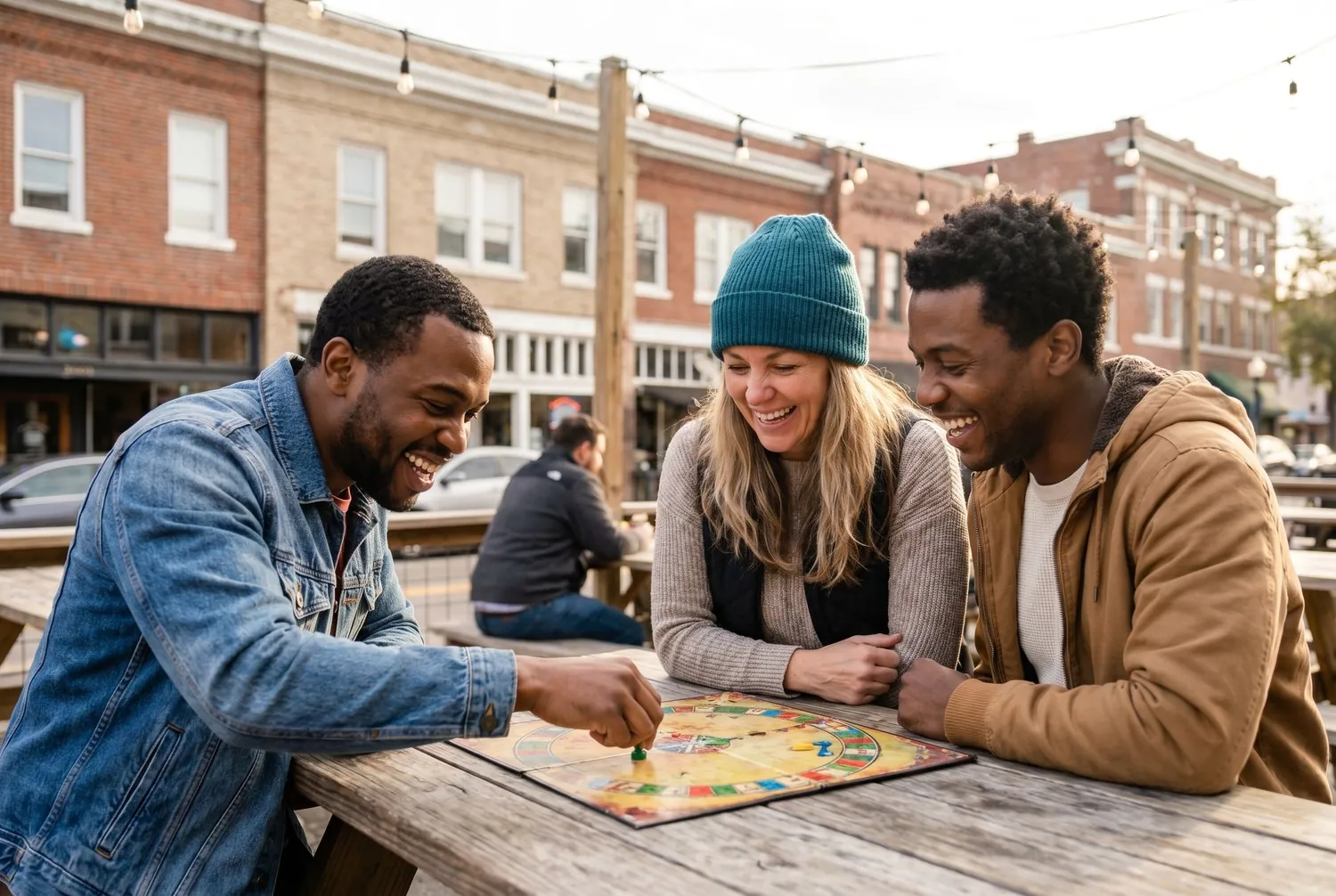 Friends playing a board game on a brewery patio in downtown Gainesville, Florida Friends playing a board game on a brewery patio in downtown Gainesville, Florida
