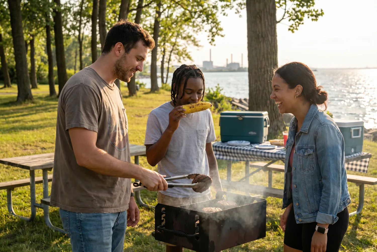 Friends grilling at a Gary lakefront park in evening light Friends grilling at a Gary lakefront park in evening light